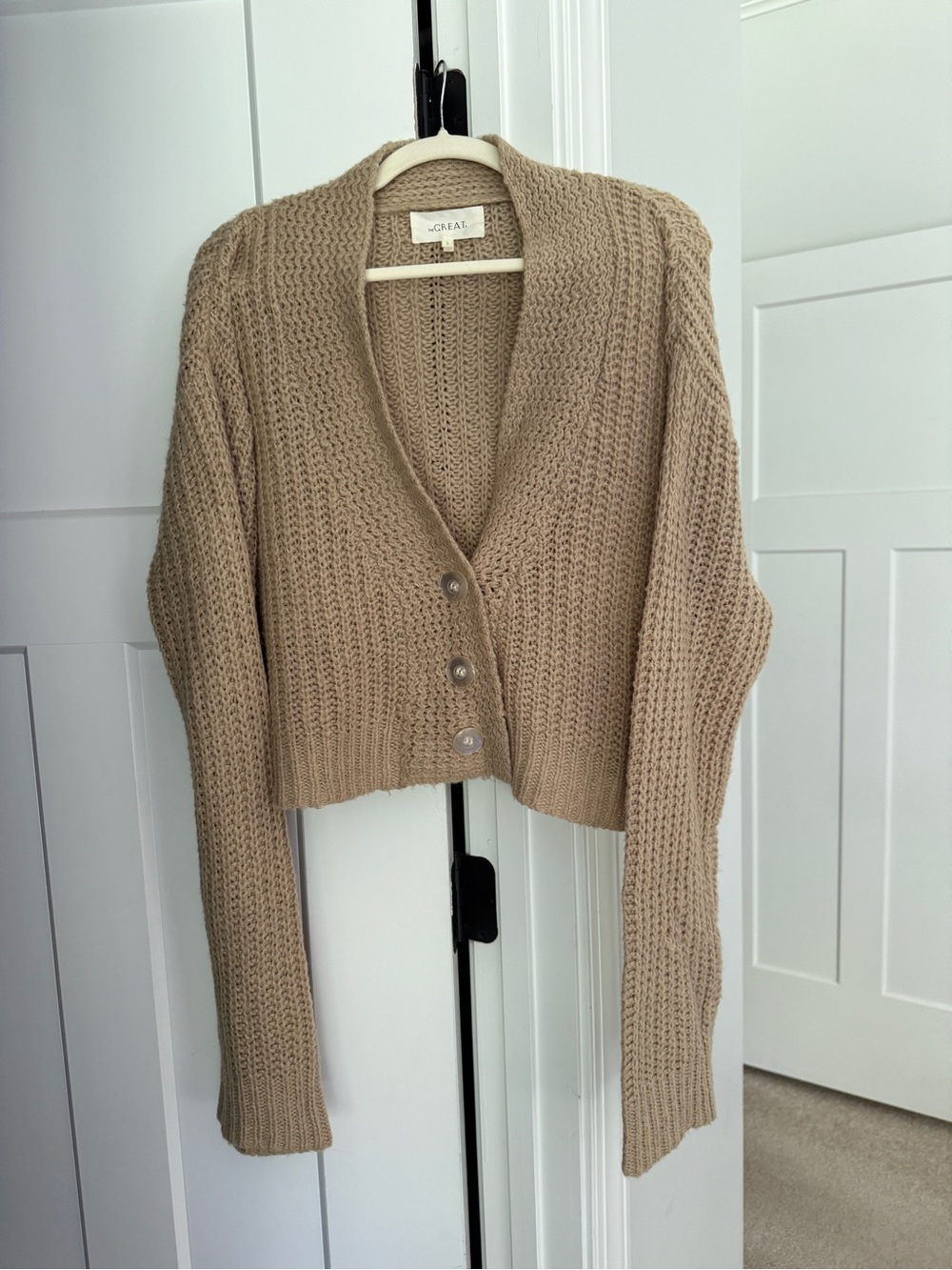 THE GREAT. Tan long sleeve cardigan sweater